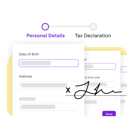 A screenshot of the interface showing Personal Details and Tax Declaration along with their details, and some e-signature, and a button to save the progress