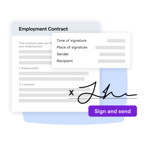 Screenshot of Employment Contract widget with details such as Time of signature, place of signature, sender, recipient, e-signature field and a 'Sign and send' button