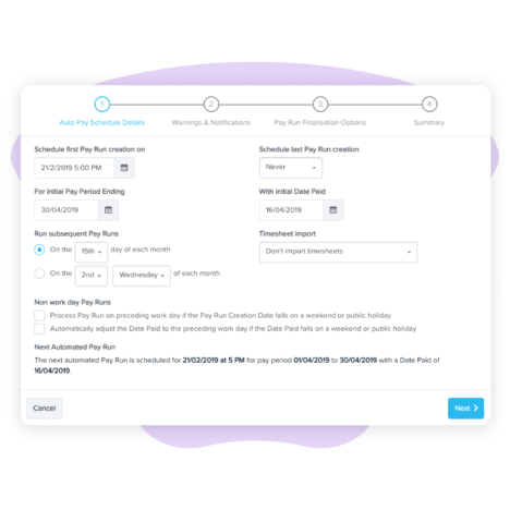 Auto pay schedule details, warning and notifications, pay run finalisation options, summary