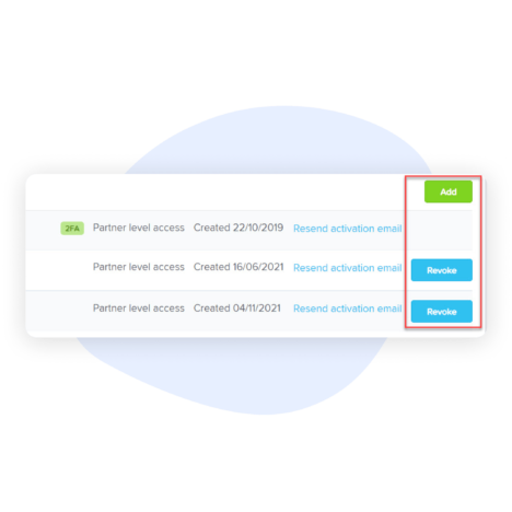 Interface showing a summary of client information along with buttons to 'Add' and 'Revoke'