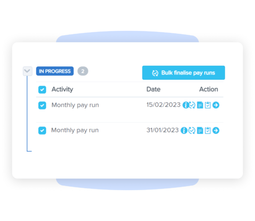 Interface showing the bulk actions a user can do to finalise pay runs