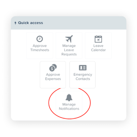 Quick access interface showing options to approve timesheets, manage leave requests, leave calendar, approve expenses, emergency contacts, and manage notifications