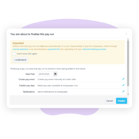 Pay run finalisation interface with date paid, create pay event, publish pay slips, notifications