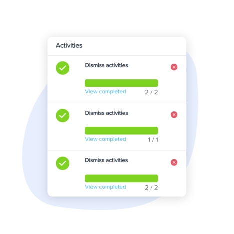 Interface showing a checklist of 'Dismissed activities' with cross marks on the side. There's an option to view the completed activities.