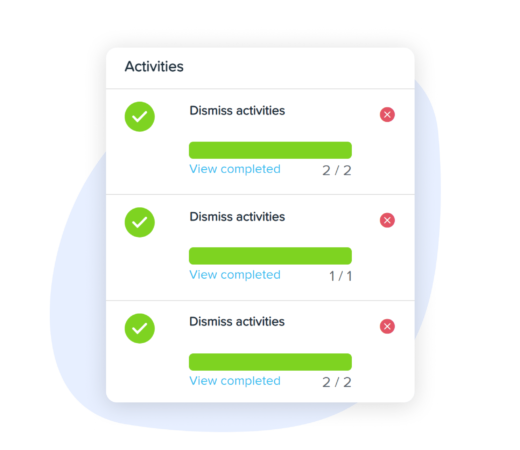 Interface showing a checklist of 'Dismissed activities' with cross marks on the side. There's an option to view the completed activities.