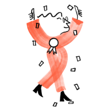 An illustration of Quinn celebrating, two hands up and some confetti around them