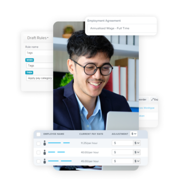 Person smiling at a computer with overlaying widgets representing pay conditions and employee details