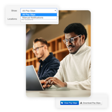 An image of two men typing on their laptops. There's a floating widget showing a drop down to show all payslips and locations. On the bottom right corner, there are two buttons, "View payslips" and "Download Pay slips"