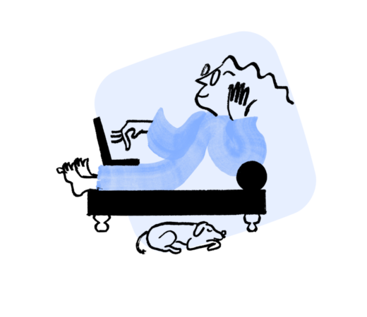 An illustration of Quinn resting on a loveseat, typing on a laptop with one hand. A dog rests on the floor.