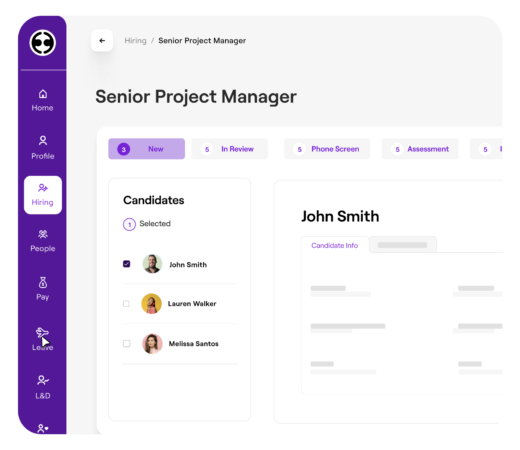 Dashboard for Hiring > Senior Project Manager with details on the candidates