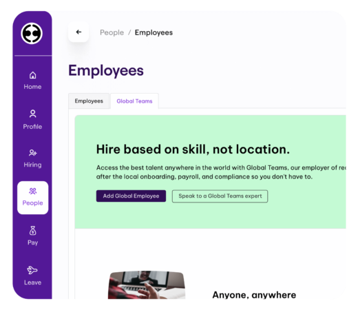 Dashboard for People with two tabs: Employees and Global Teams