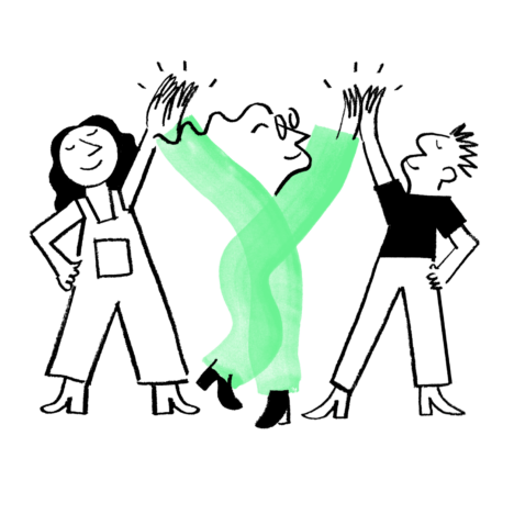 An illustration of Quinn highfiving two people