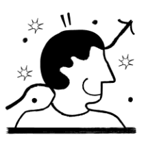 An illustration of a man looking sideways with a smile, an arrow going up behind him