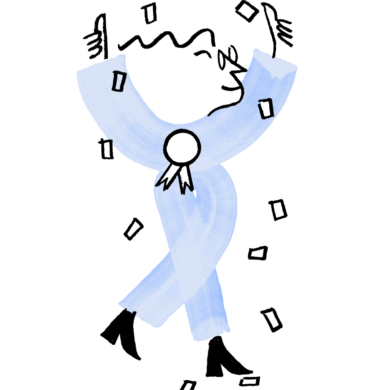 An illustration of Quinn under a shower of confetti, holding two thumbs up, and an award ribbon on their chest