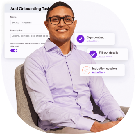 An image of a man in a long sleeved shirt with floating widgets for 'Add Onboarding Tasks', 'Sign Contract', 'Fill out details', 'Induction session'