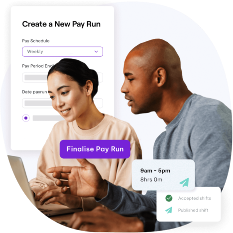 An image of a man and a woman discussing something on a laptop, with some overlays of widget showing 'Create a New Pay Run', 'Finalise Pay Run', and some schedule