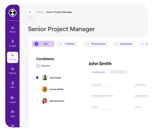 Employment Hero ATS interface showing a list of candidates under Senior Project Manager role