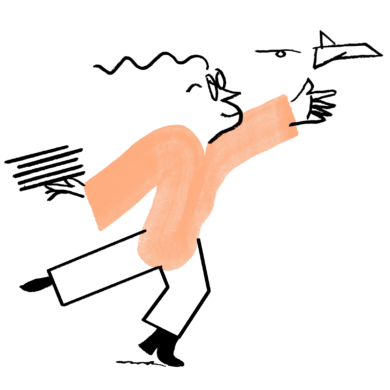An illustration of Quinn setting a paper plane in motion while tiptoeing, a stack of books on the other hand