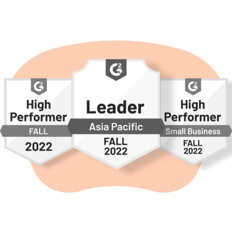 Badges from G2: High Performer Fall 2022, Leader Asia Pacific Fall 2022, High Performer Small Business Fall 2022
