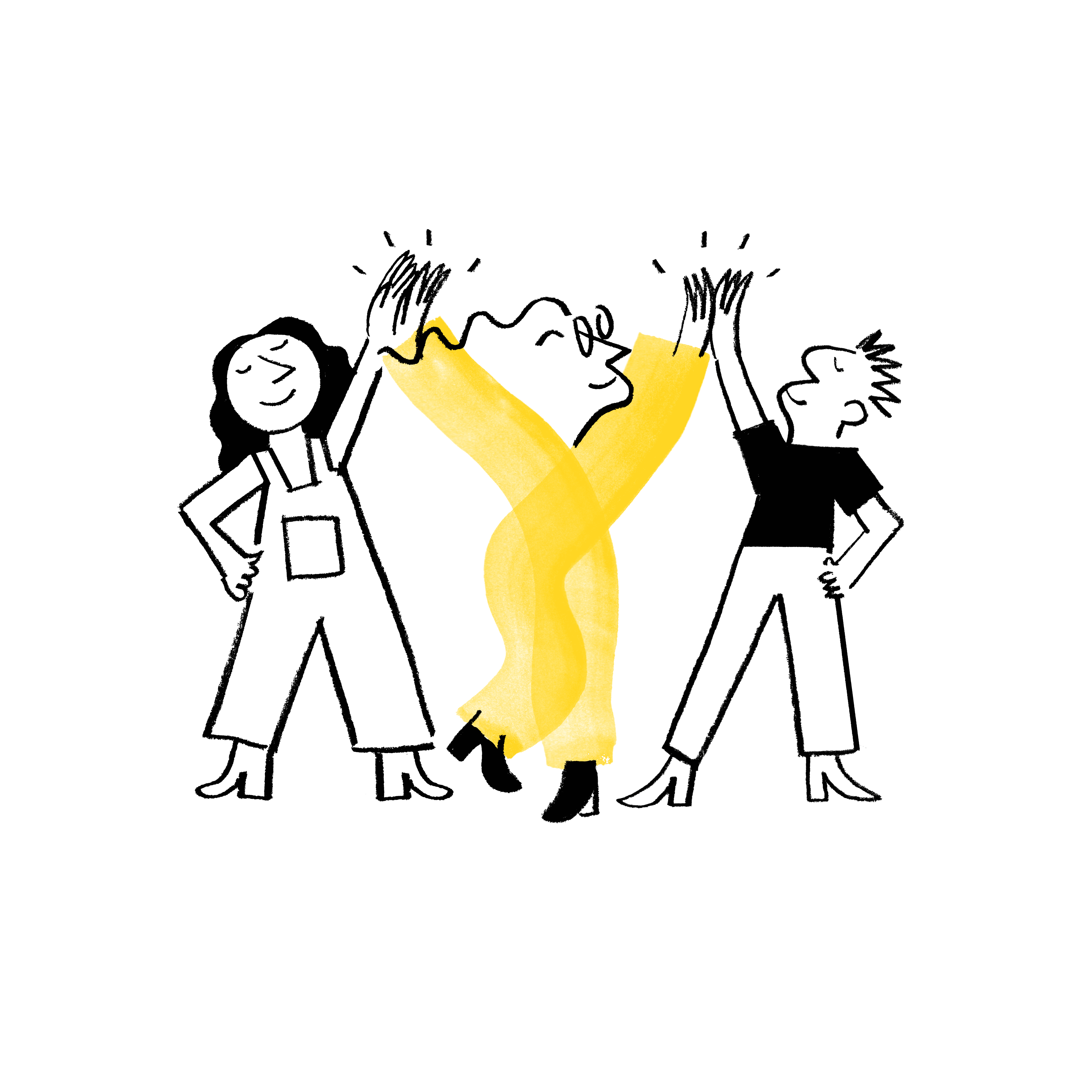 An illustration of Quinn in yellow, highfiving two people