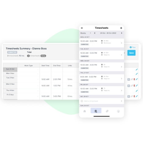 Screenshots of automated timesheet interface showing Timesheets Summary for Dianna Boss and Timesheet details