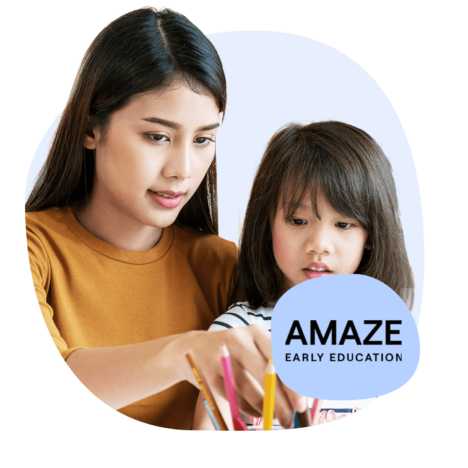 An image of a woman helping a child with some colored pencils with 'Amaze Early Education' bubble