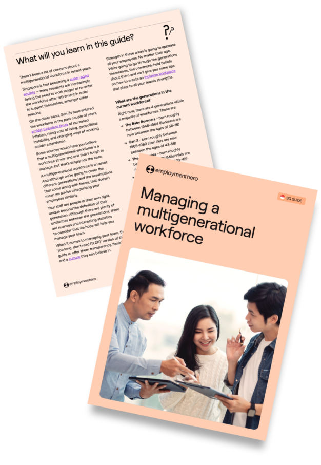 Image featuring two pages from the 'Managing a Multigenerational Workforce' guide. The front cover shows a diverse group of employees collaborating, while the back page outlines the key takeaways and insights that readers will gain from the guide