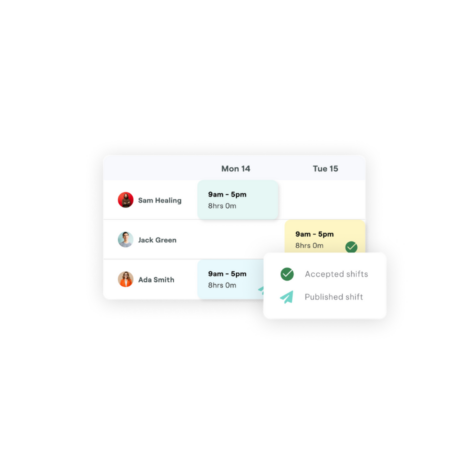 A screenshot of an interface for rostering shift management and time and attendance, showing a list of employees with their schedule with choices for Accepted shifts or published shift