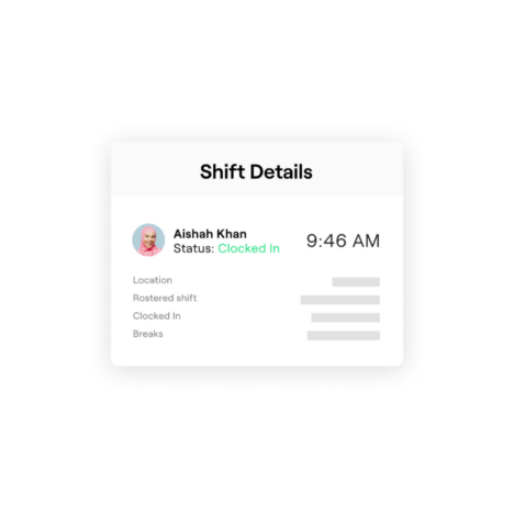 An interface of Shift Details for Aishah Khan, with Status: Clocked In and time.