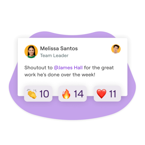 A pop up showing Melissa Santos giving a shoutout to James Hall for the great work he's done over the week. There are emoji reactions like clap, fire, and heart