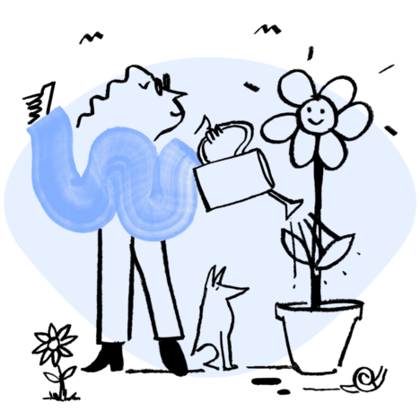 An illustration of Quinn watering a tall flower
