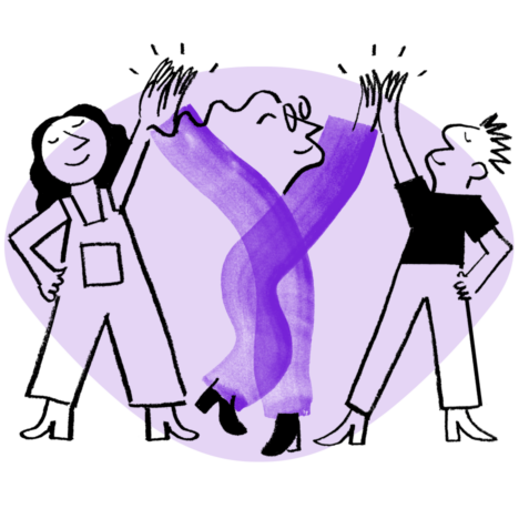 An illustration of Quinn, giving high fives to two people