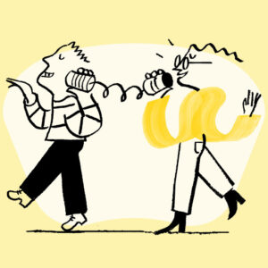 A colored illustration of Quinn calling using a tin can telephone