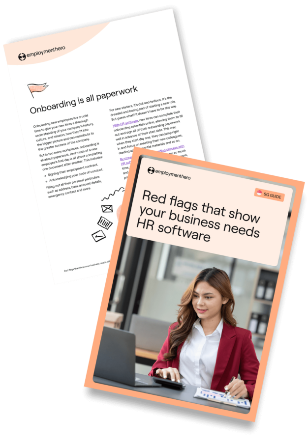 Two pages from a guide titled 'Red flags that show your business needs HR software' by Employment Hero, featuring a cover with an image of a professional woman working on a laptop and an interior page discussing onboarding paperwork
