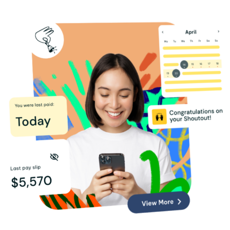 An image of a woman set in a colorful background, with floating widgets of when the employee was lst paid, Last pay slip amount, Shoutout, a work calendar, and a view more button