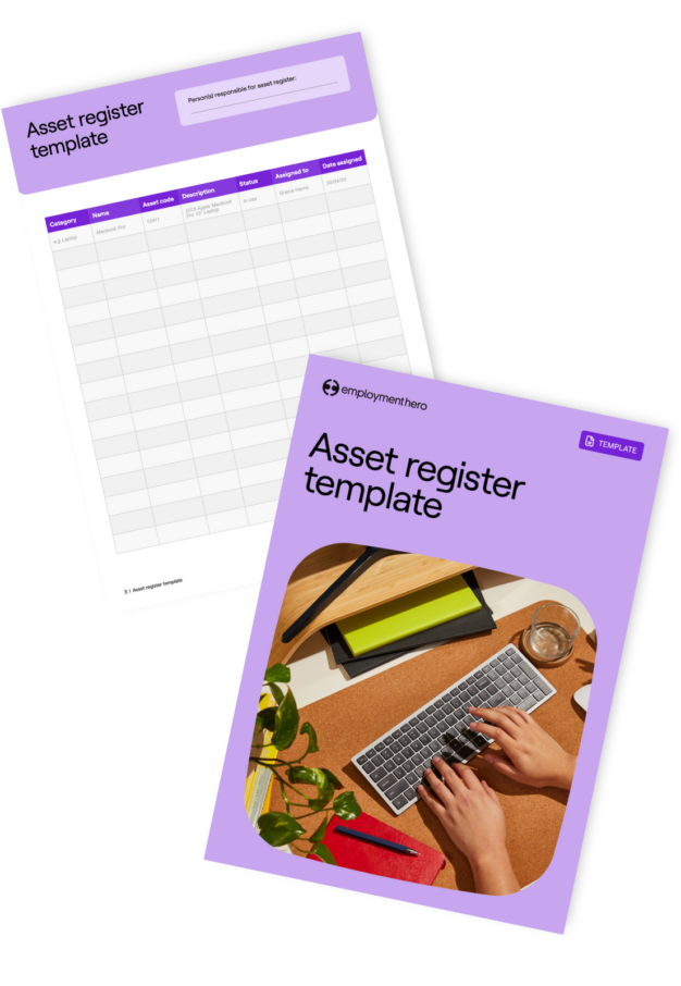 An image showing two pages of the 'Asset Register Template' by Employment Hero. The first page displays a table for recording assets, and the second features a cover image of a person typing on a laptop, set against a purple background with the Employment Hero logo