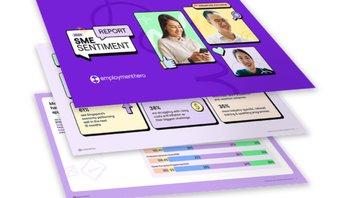 Stack of pages from the 'SME Recruitment Report' by Employment Hero, featuring a cover page with images of professionals, followed by pages with charts and key statistics on recruitment trends for small and medium enterprises.