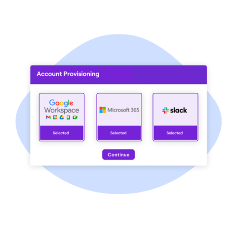 Account provisioning pop up showing Google Workspace, Microsoft 365, and Slack as selected. A button to continue is provided