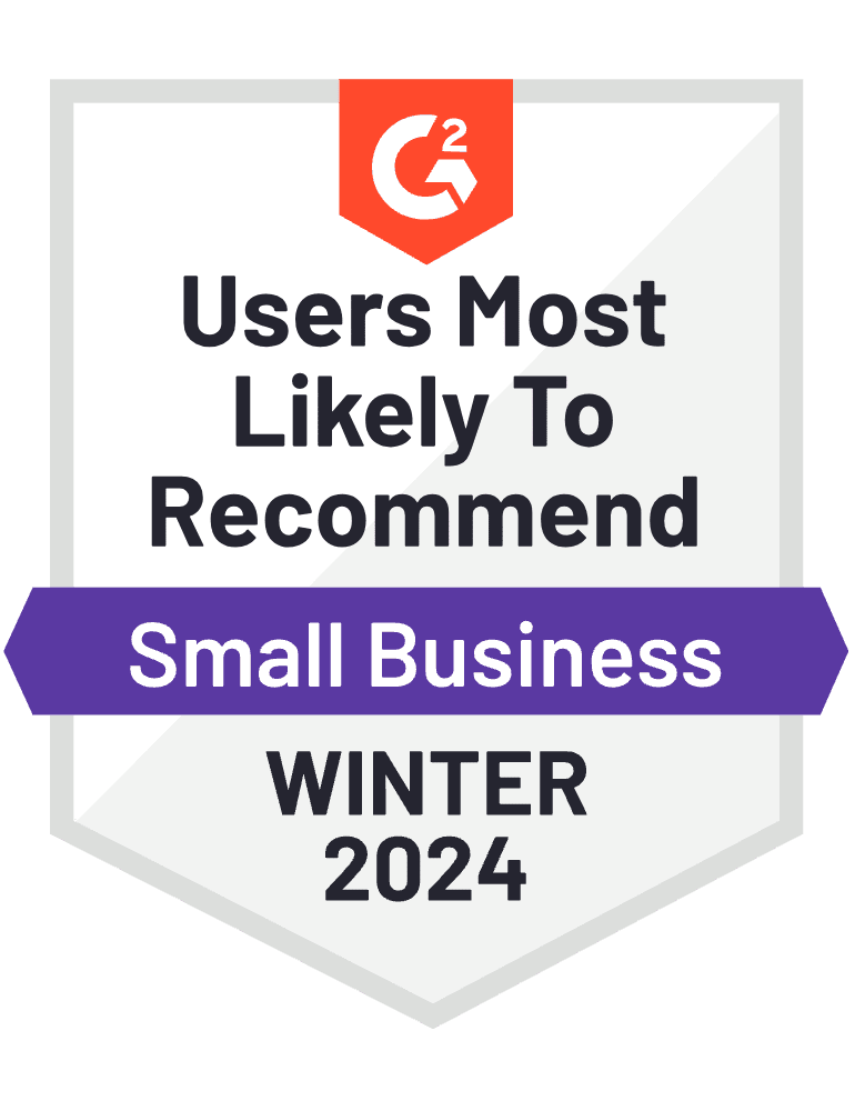 A G2 badge recognizing a company as 'Users Most Likely to Recommend' for Small Business in Winter 2024. The badge features a purple ribbon and the G2 logo at the top