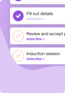 A checklist for Fill out details, Review and accept, Induction session