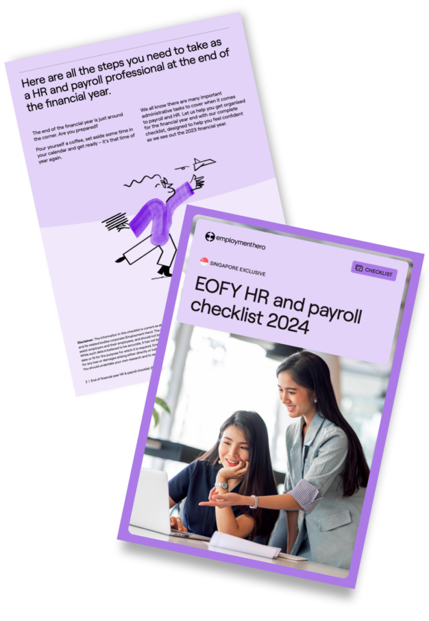 An image showing two pages of the 'EOFY HR and Payroll Checklist 2024' by Employment Hero