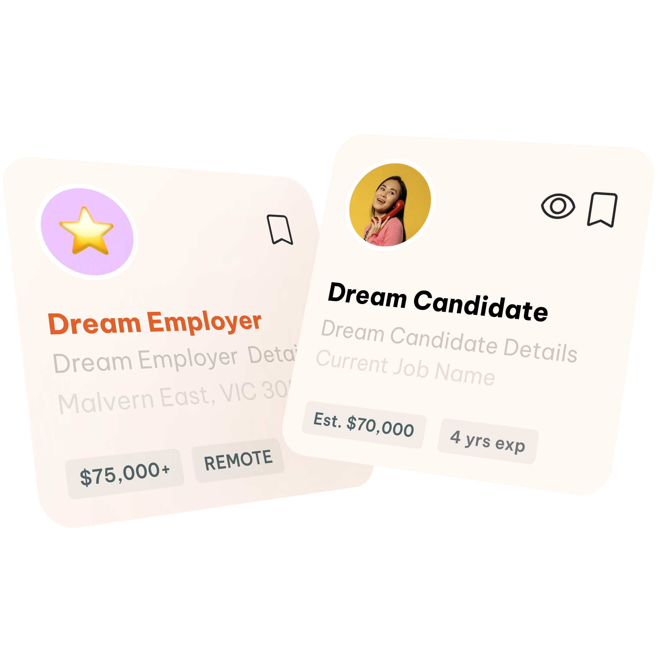 Illustration of two profile cards labeled 'Dream Employer' and 'Dream Candidate' against a light purple background. The employer card shows details like location and a salary of $75,000 with 'Remote' indicated, while the candidate card displays estimated salary of $70,000 and 4 years of experience.