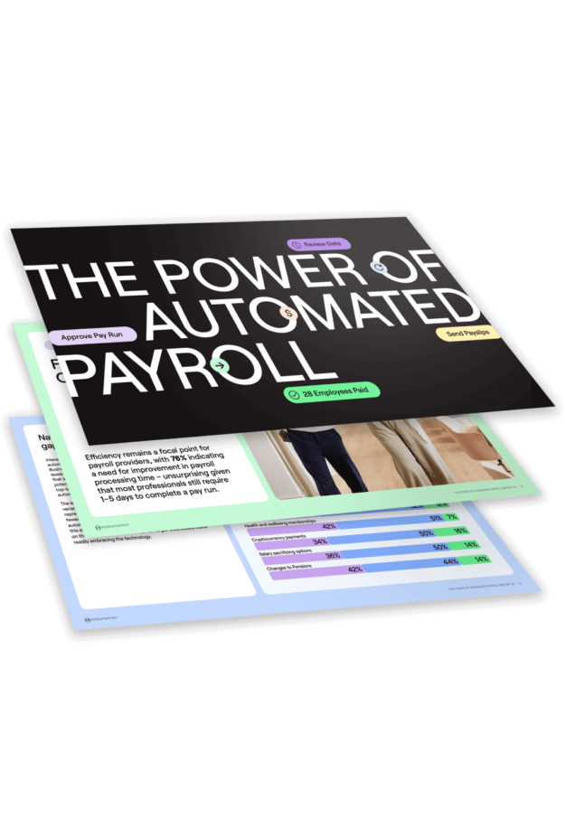 Stack of pages titled 'The Power of Automated Payroll' by Employment Hero, featuring highlights on automated payroll benefits with graphics and text sections explaining key points