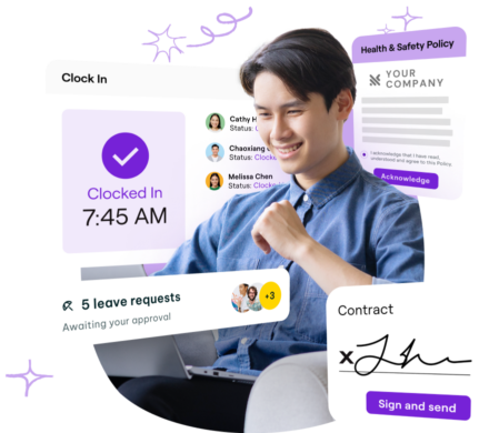 Smiling man holding a laptop, some text overlays like "Health & Safety Policy". "Clock In", "leave requests"