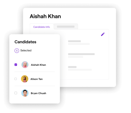 Floating widget showing a list of candidates with tick boxes next to their images and another widget showing more details for the selected candidate