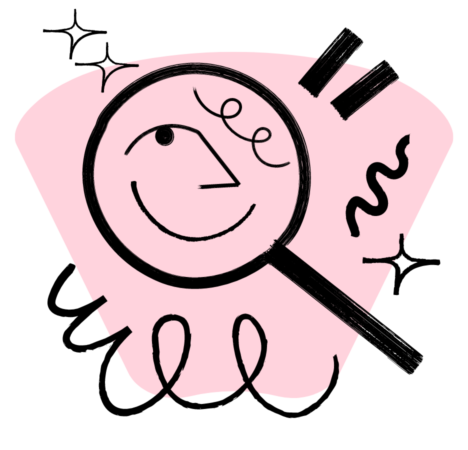 An illustration of a magnifying glass, surrounded by scribbles with a smiley inside it.
