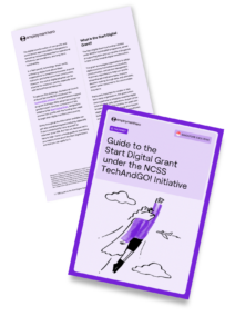 Two pages from 'Guide to the Start Digital Grant under the NCSS TechAndGO! Initiative' by Employment Hero, featuring a cover page with an illustration of Quinn as a superhero soaring through the skies