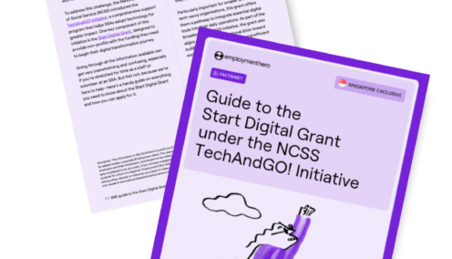 Two pages from 'Guide to the Start Digital Grant under the NCSS TechAndGO! Initiative' by Employment Hero, featuring a cover page with an illustration of Quinn as a superhero soaring through the skies