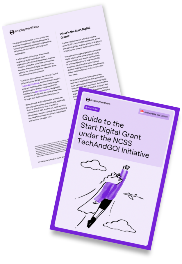 Two pages from 'Guide to the Start Digital Grant under the NCSS TechAndGO! Initiative' by Employment Hero, featuring a cover page with an illustration of Quinn as a superhero soaring through the skies