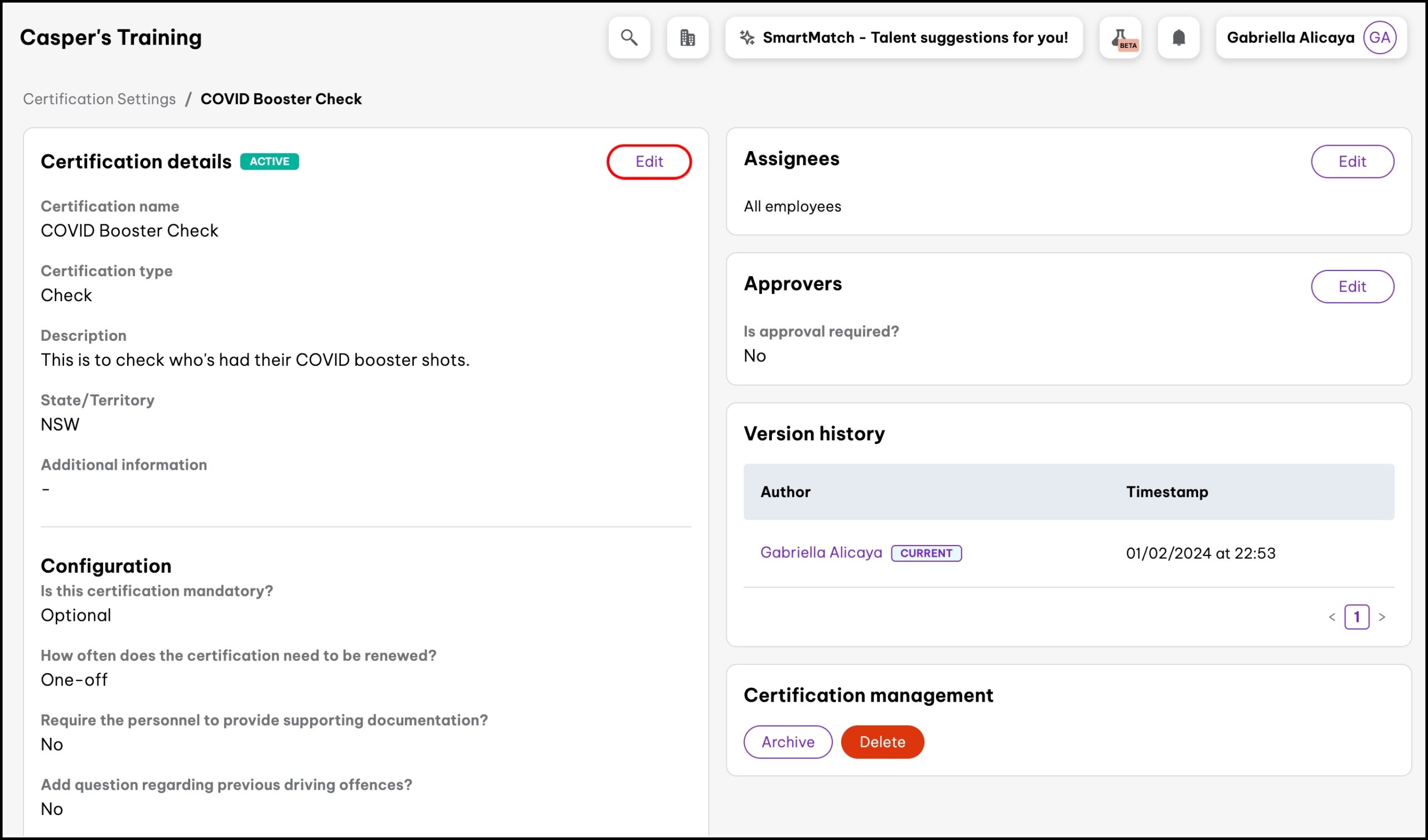  edit certification page, highlighting the edit button for certification details